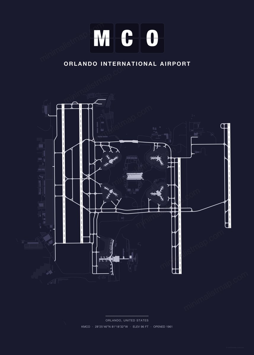 MCO Orlando International Airport map poster, Dark style, minimalist navy airport map