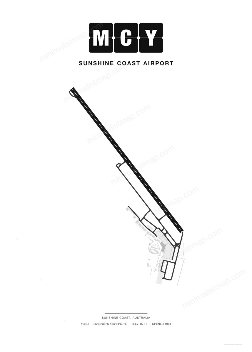 MCY Sunshine Coast Airport map poster, Classic style, minimalist black and white airport map