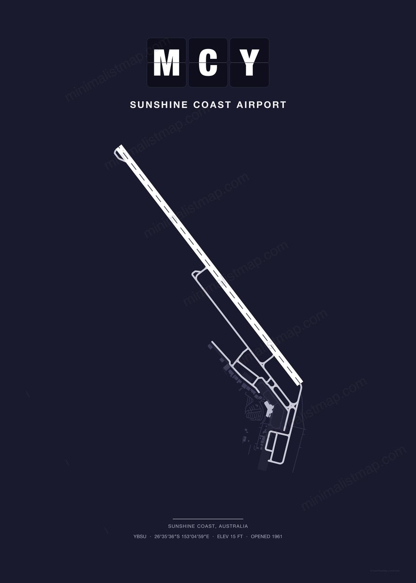 MCY Sunshine Coast Airport map poster, Dark style, minimalist navy airport map