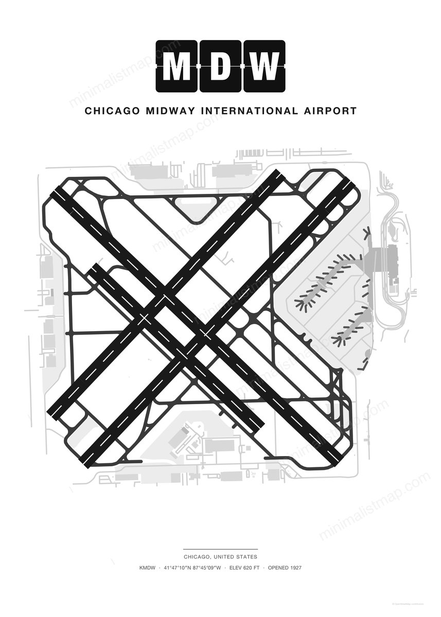 MDW Chicago Midway International Airport map poster, Classic style, minimalist black and white airport map