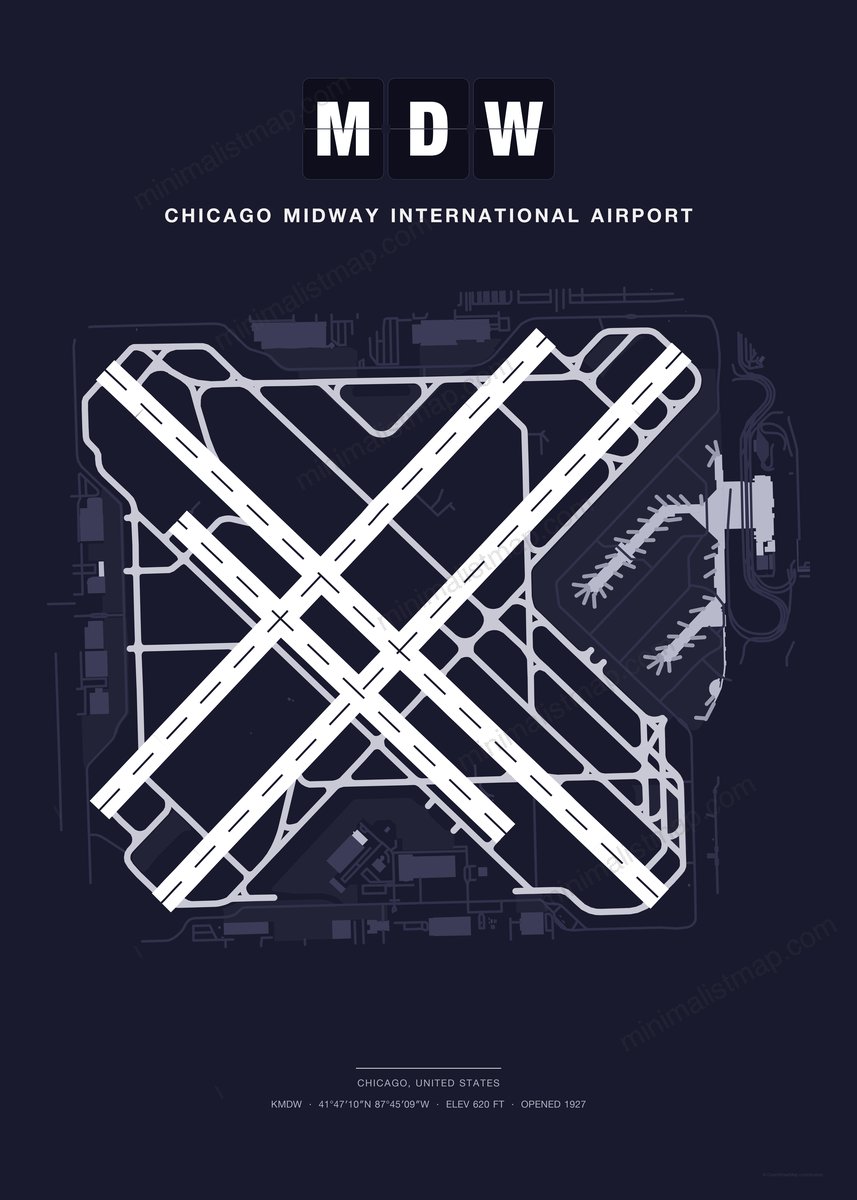 MDW Chicago Midway International Airport map poster, Dark style, minimalist navy airport map