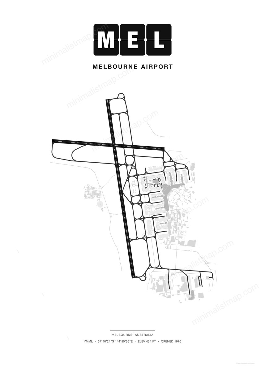 MEL Melbourne Airport map poster, Classic style, minimalist black and white airport map