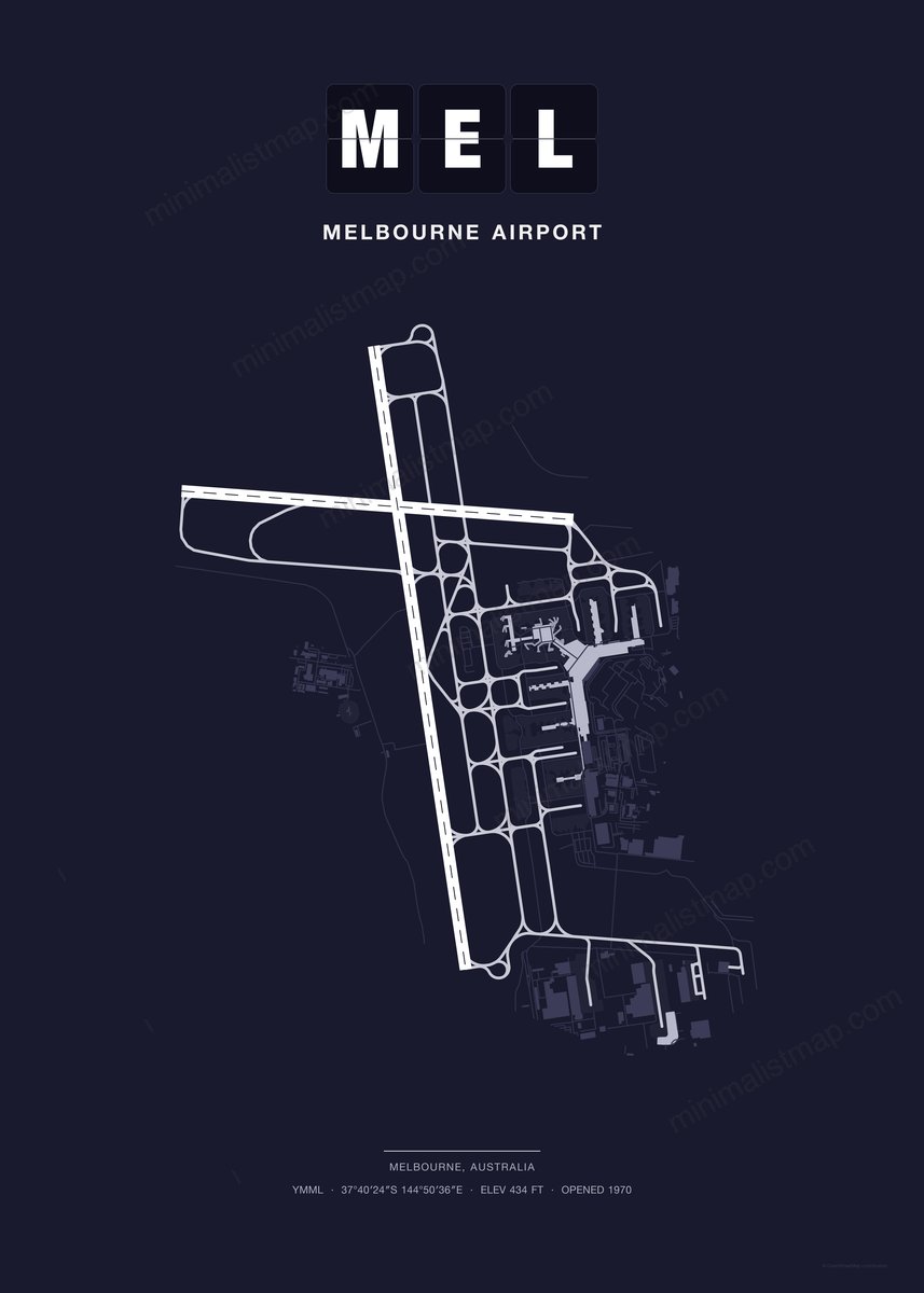 MEL Melbourne Airport map poster, Dark style, minimalist navy airport map
