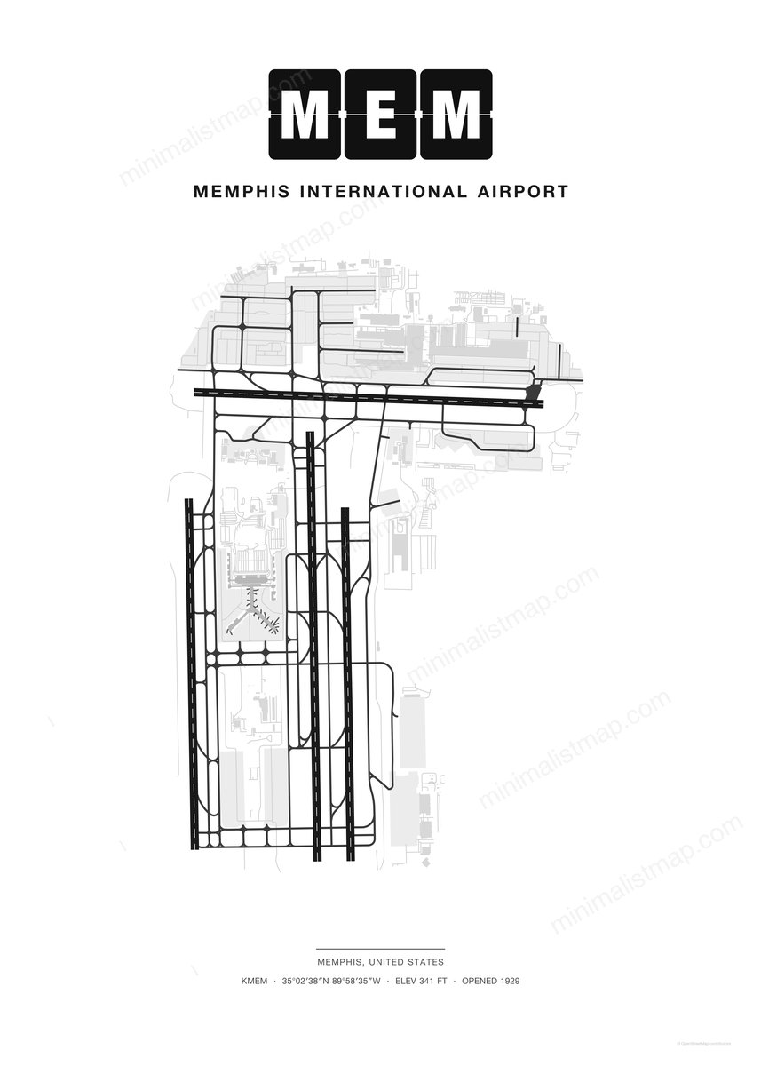 MEM Memphis International Airport map poster, Classic style, minimalist black and white airport map