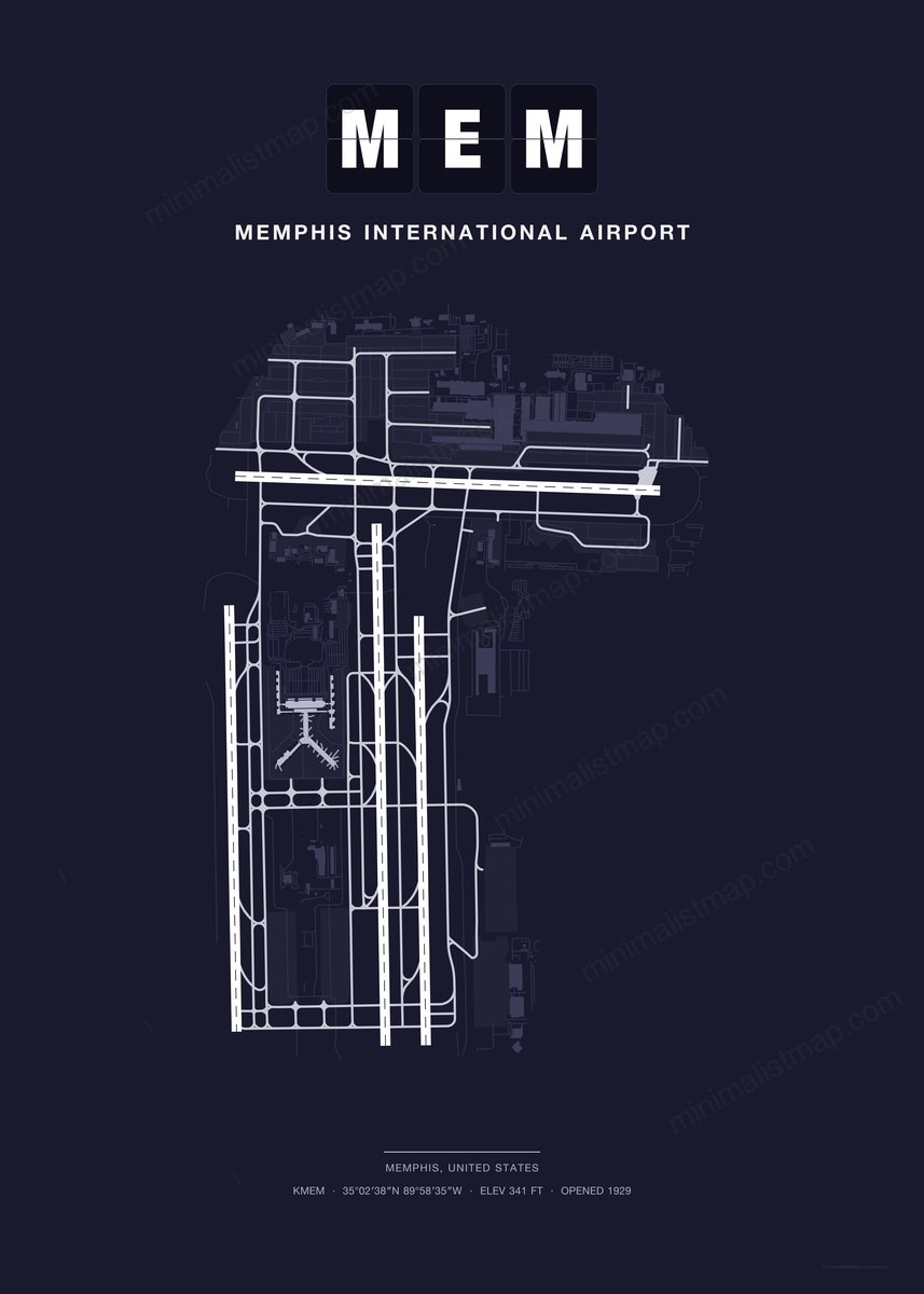 MEM Memphis International Airport map poster, Dark style, minimalist navy airport map