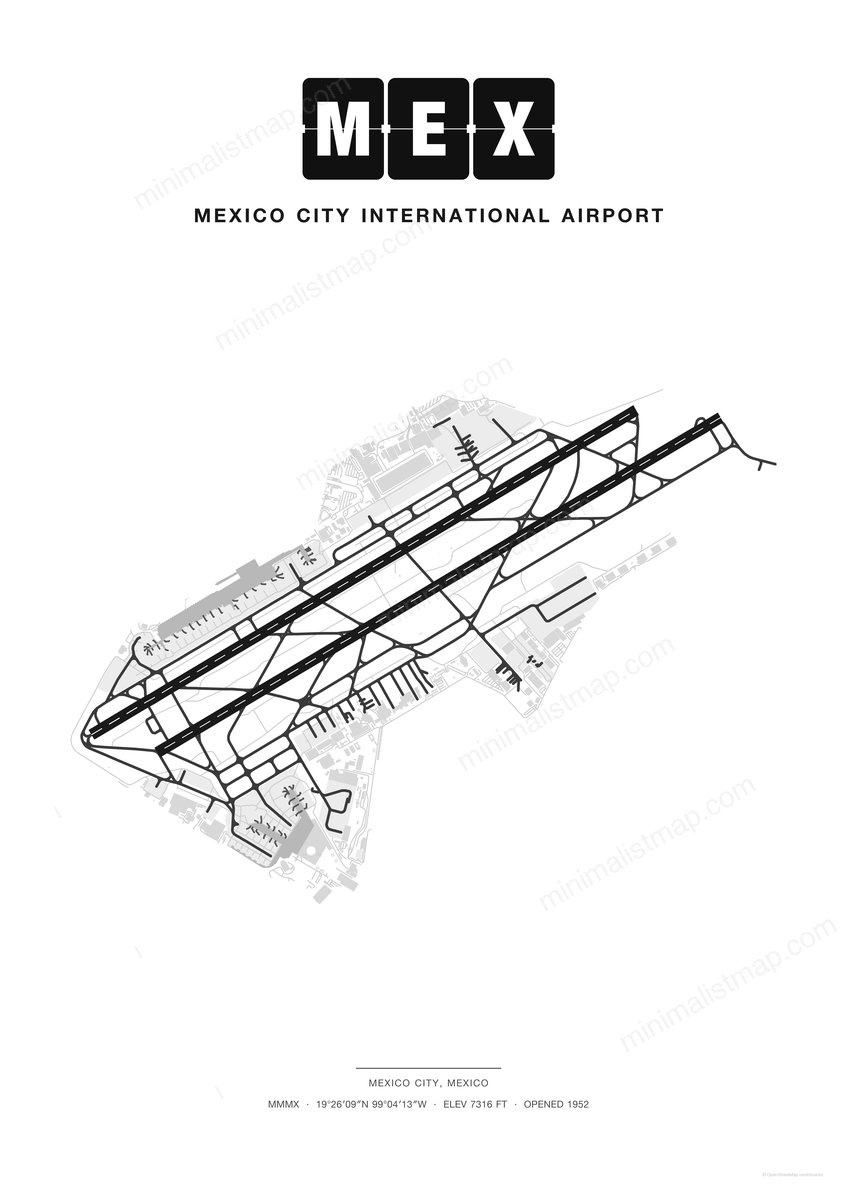 MEX Mexico City International Airport map poster, Classic style, minimalist black and white airport map