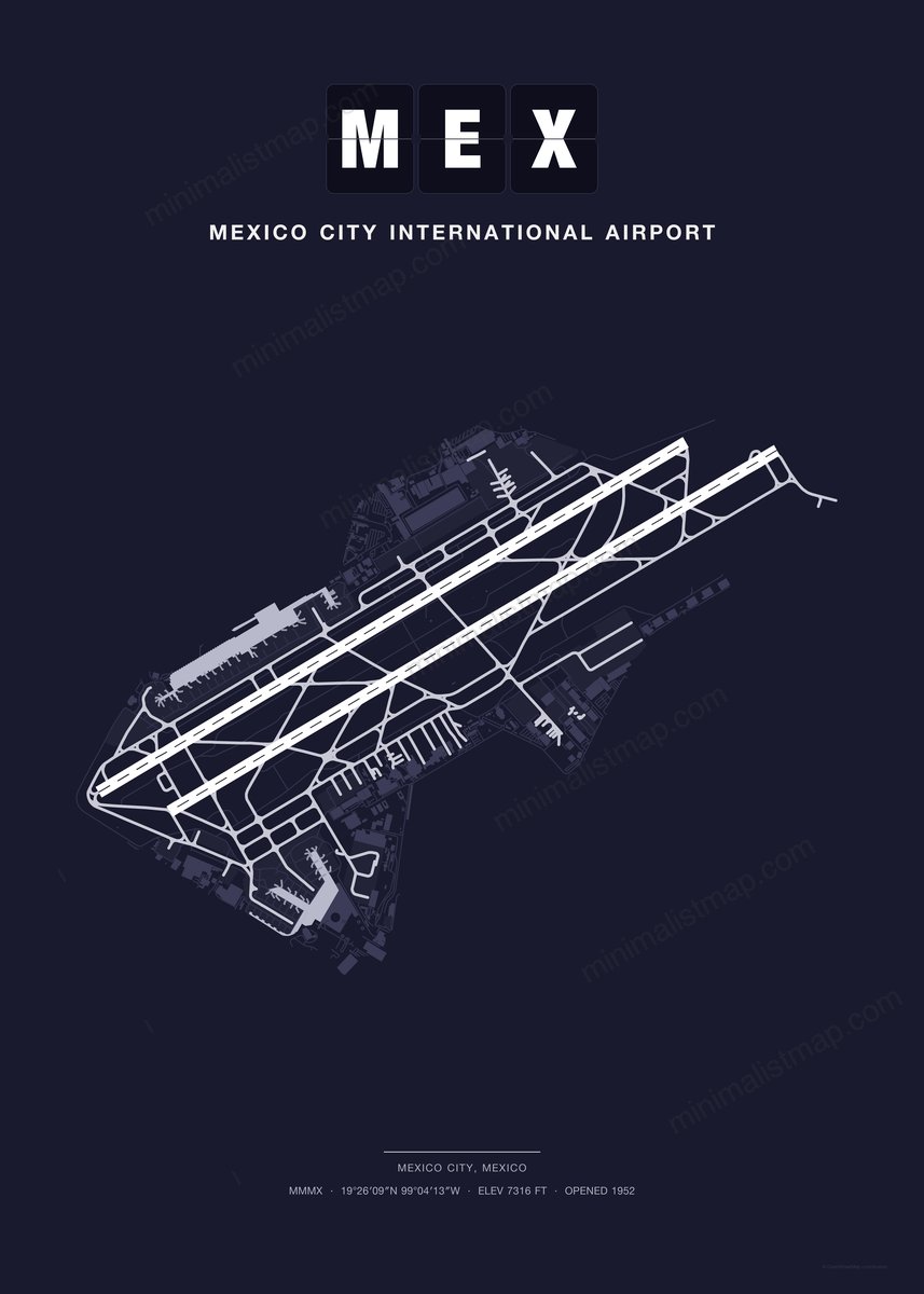 MEX Mexico City International Airport map poster, Dark style, minimalist navy airport map
