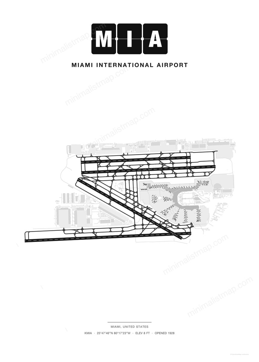 MIA Miami International Airport map poster, Classic style, minimalist black and white airport map