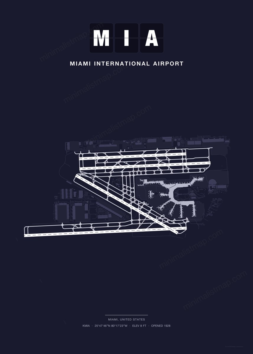 MIA Miami International Airport map poster, Dark style, minimalist navy airport map