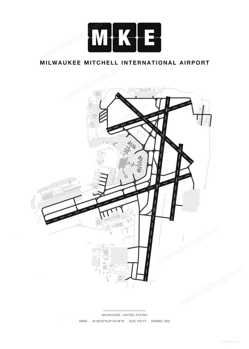 MKE Milwaukee Mitchell International Airport map poster, Classic style, minimalist black and white airport map