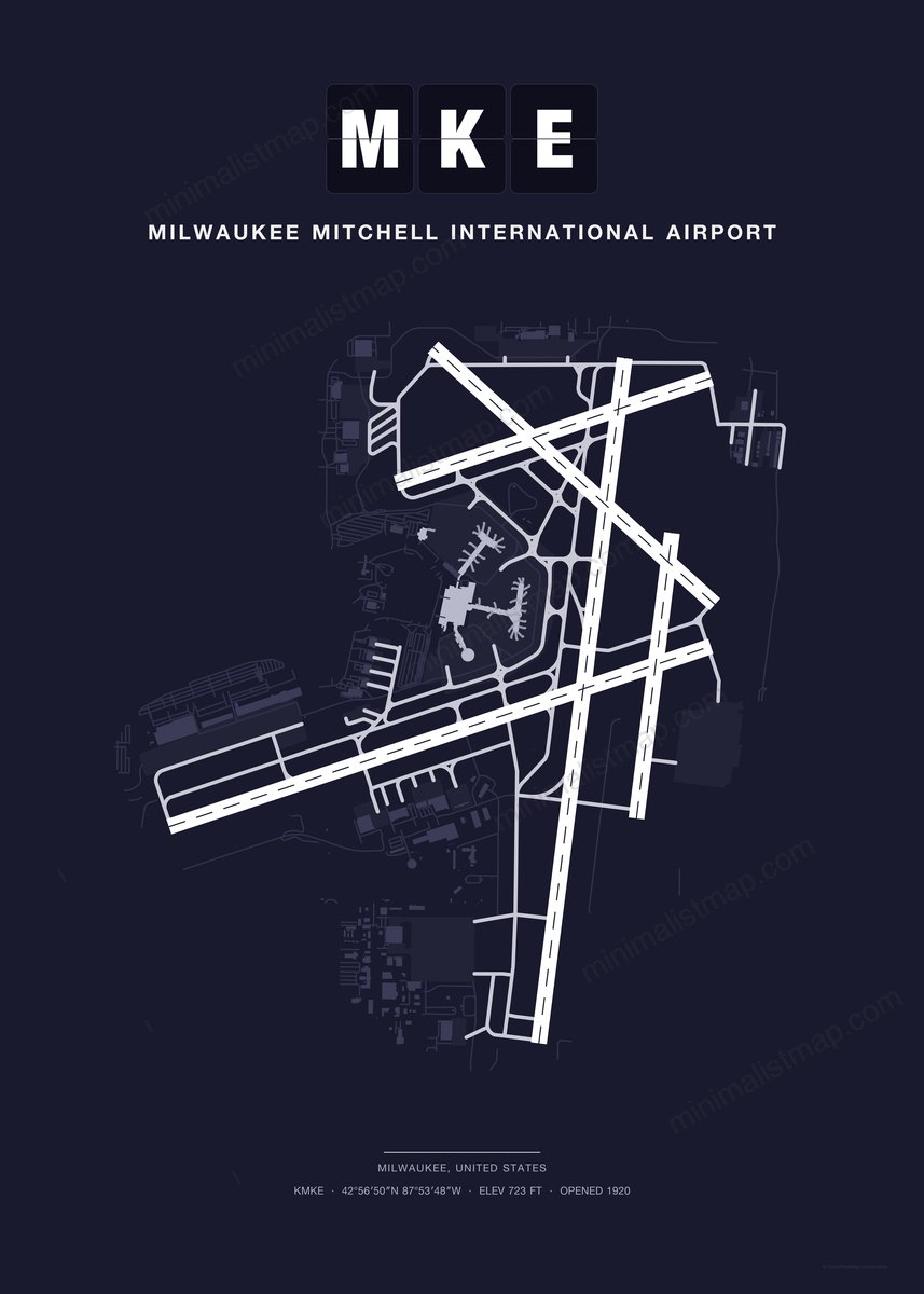MKE Milwaukee Mitchell International Airport map poster, Dark style, minimalist navy airport map