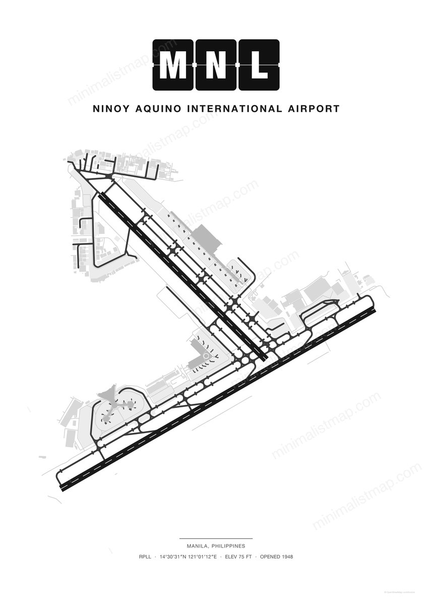 MNL Ninoy Aquino International Airport map poster, Classic style, minimalist black and white airport map