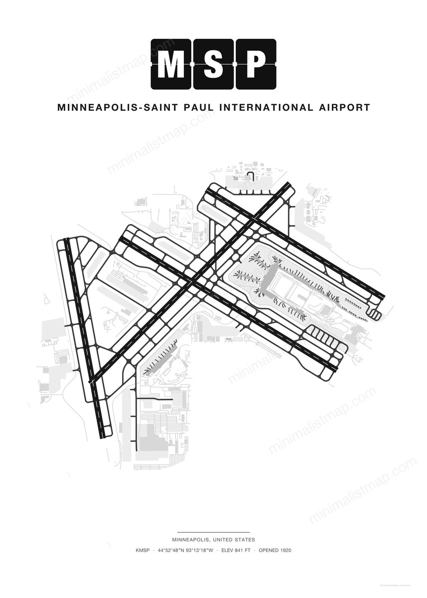 MSP Minneapolis-Saint Paul International Airport map poster, Classic style, minimalist black and white airport map