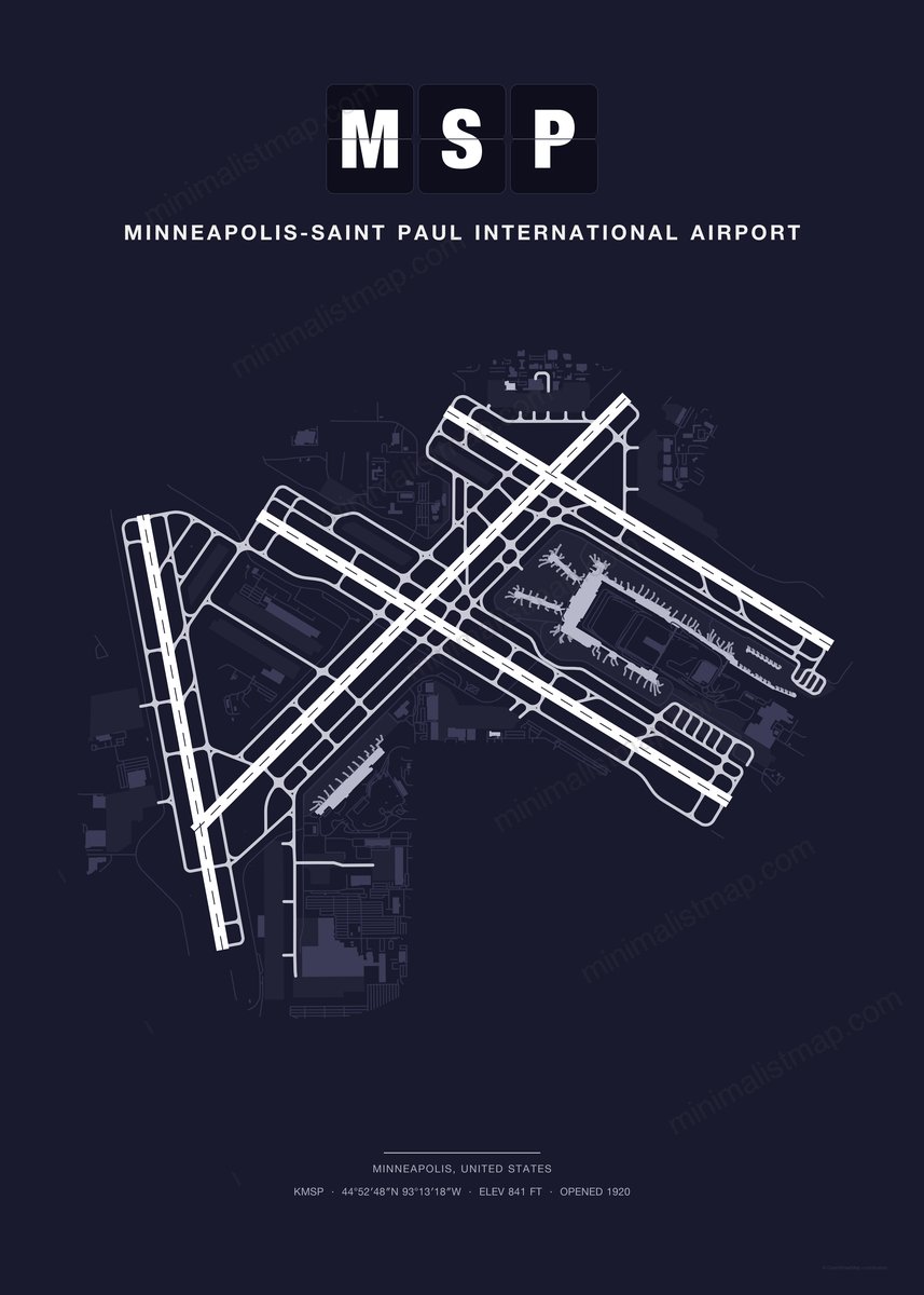 MSP Minneapolis-Saint Paul International Airport map poster, Dark style, minimalist navy airport map