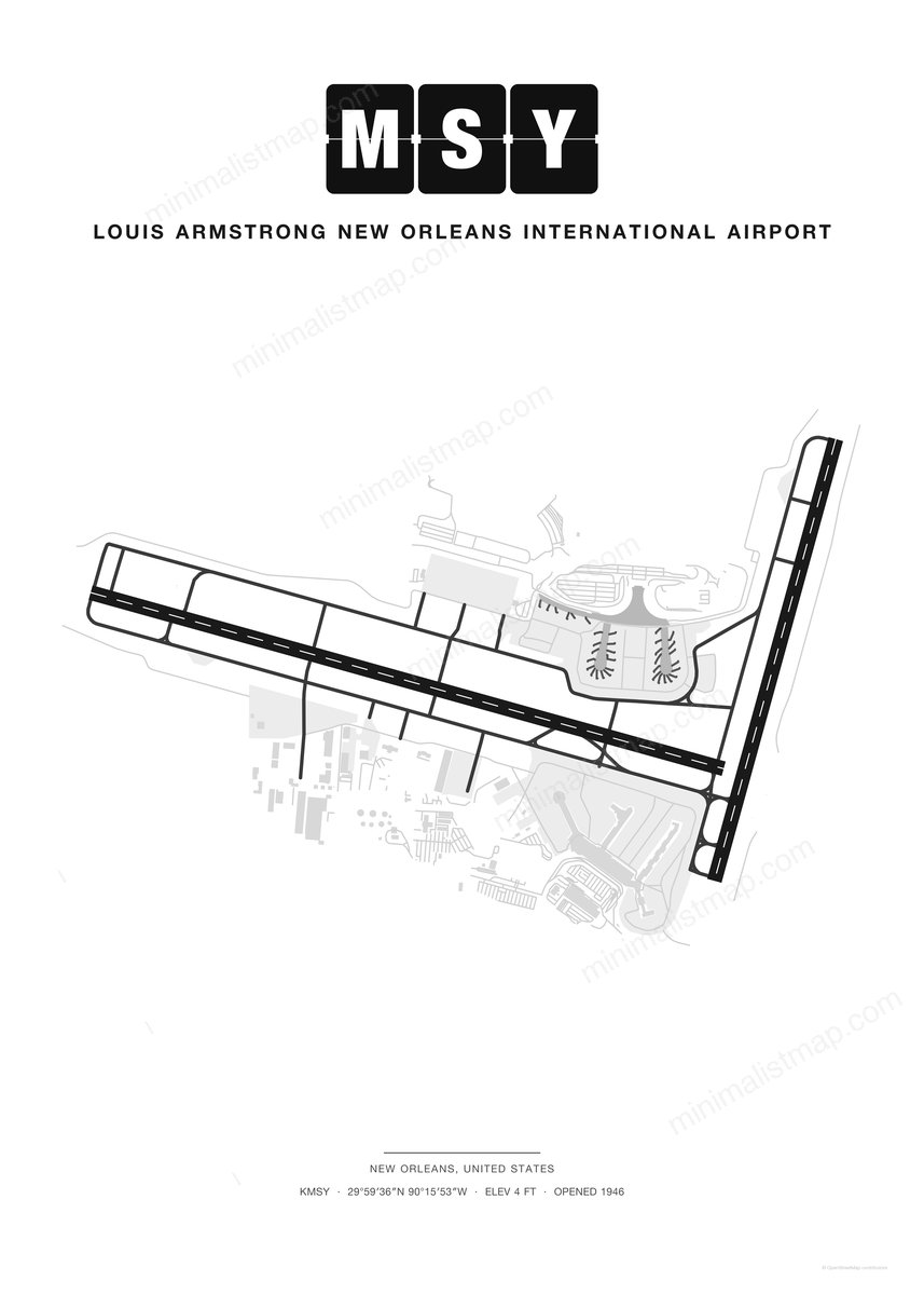 MSY Louis Armstrong New Orleans International Airport map poster, Classic style, minimalist black and white airport map