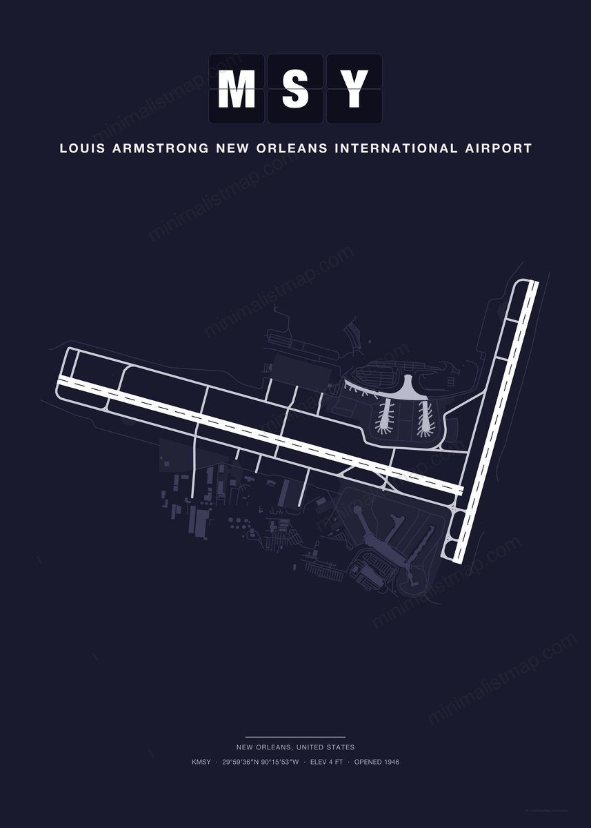 MSY Louis Armstrong New Orleans International Airport map poster, Dark style, minimalist navy airport map