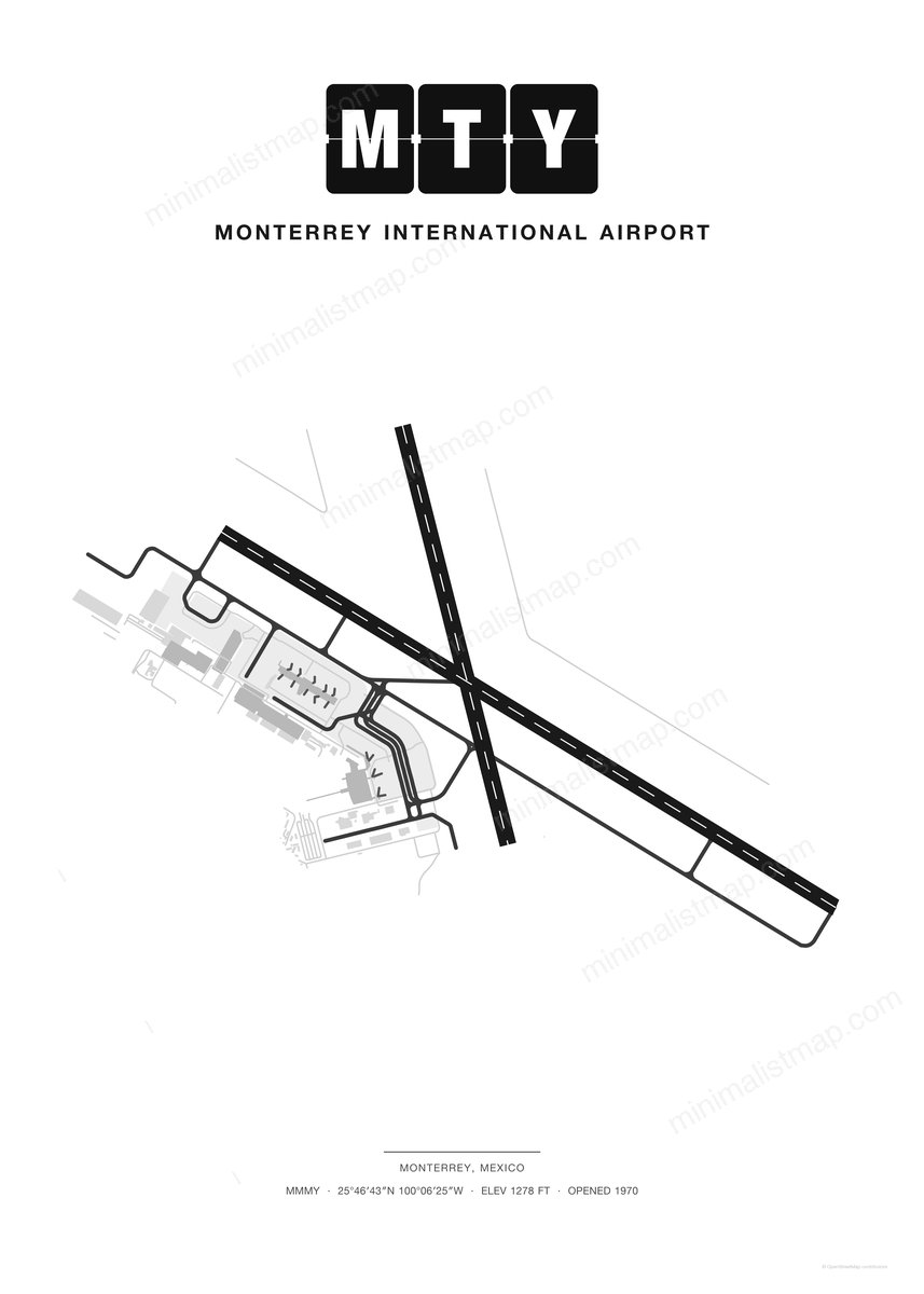MTY Monterrey International Airport map poster, Classic style, minimalist black and white airport map