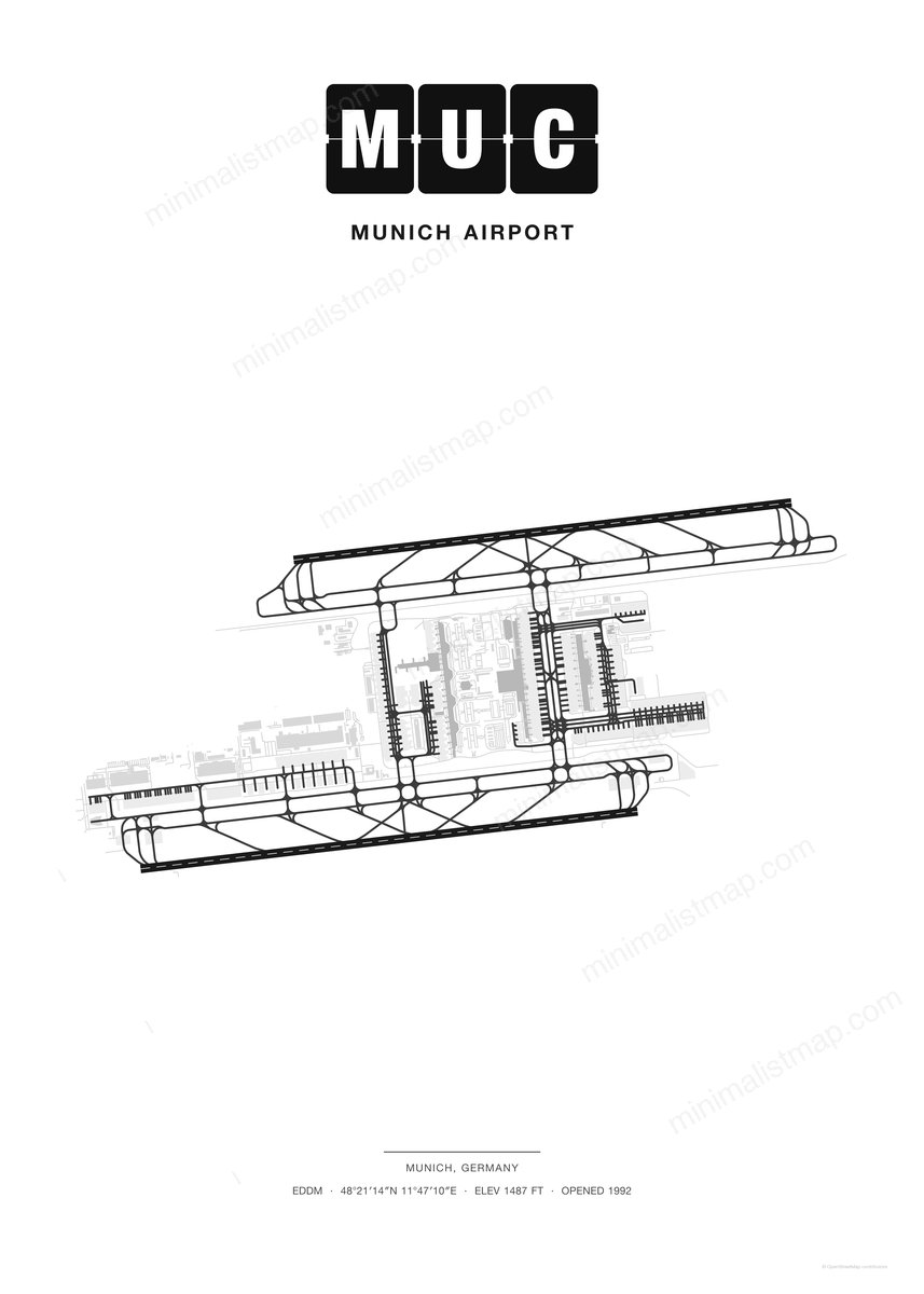 MUC Munich Airport map poster, Classic style, minimalist black and white airport map