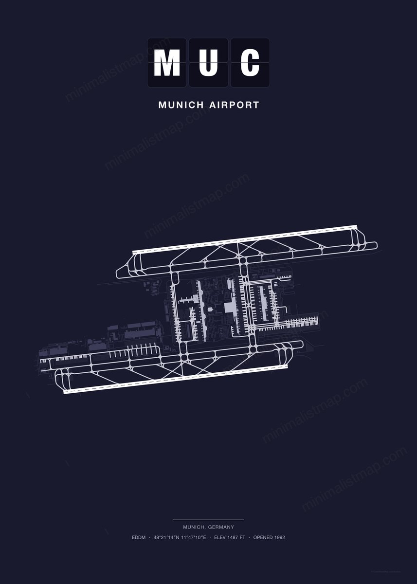MUC Munich Airport map poster, Dark style, minimalist navy airport map