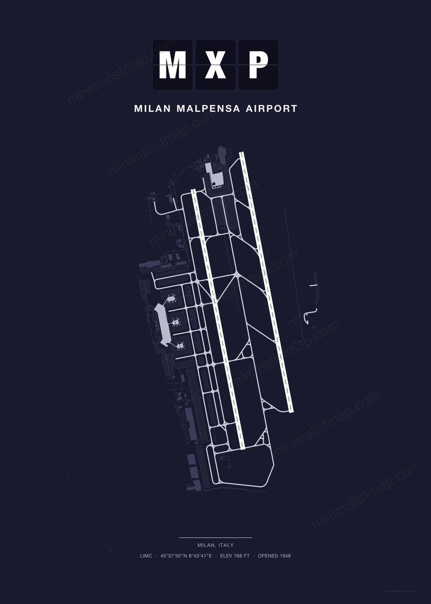 MXP Milan Malpensa Airport map poster, Dark style, minimalist navy airport map
