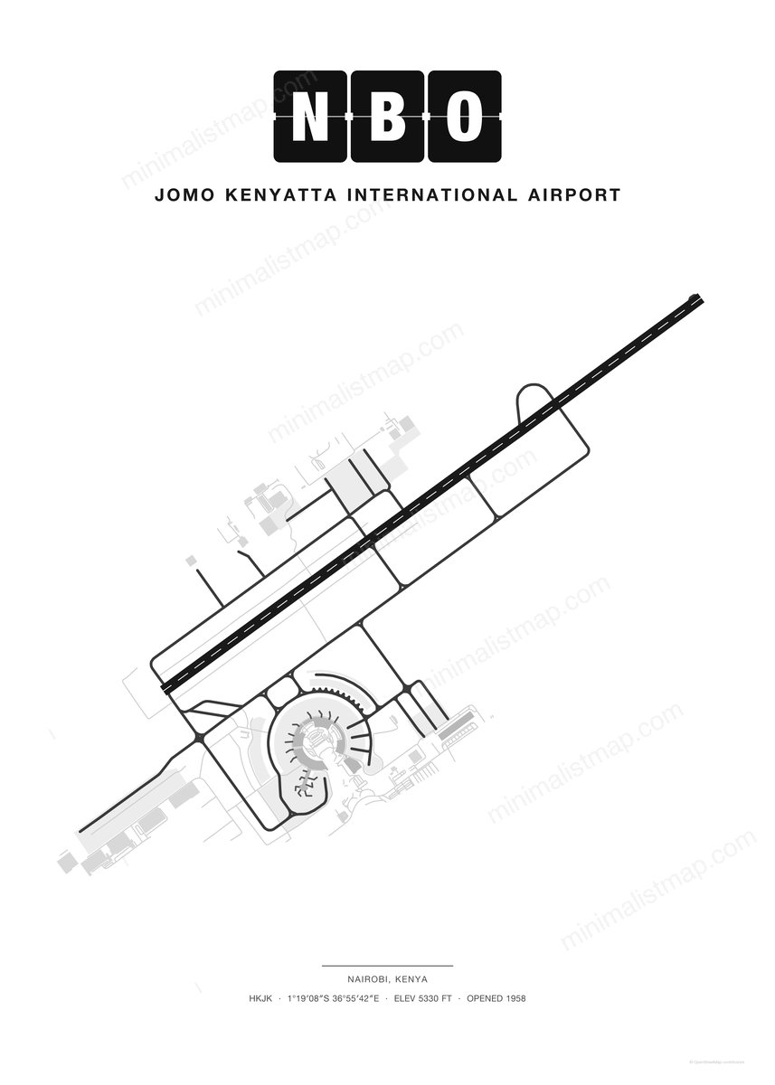 NBO Jomo Kenyatta International Airport map poster, Classic style, minimalist black and white airport map