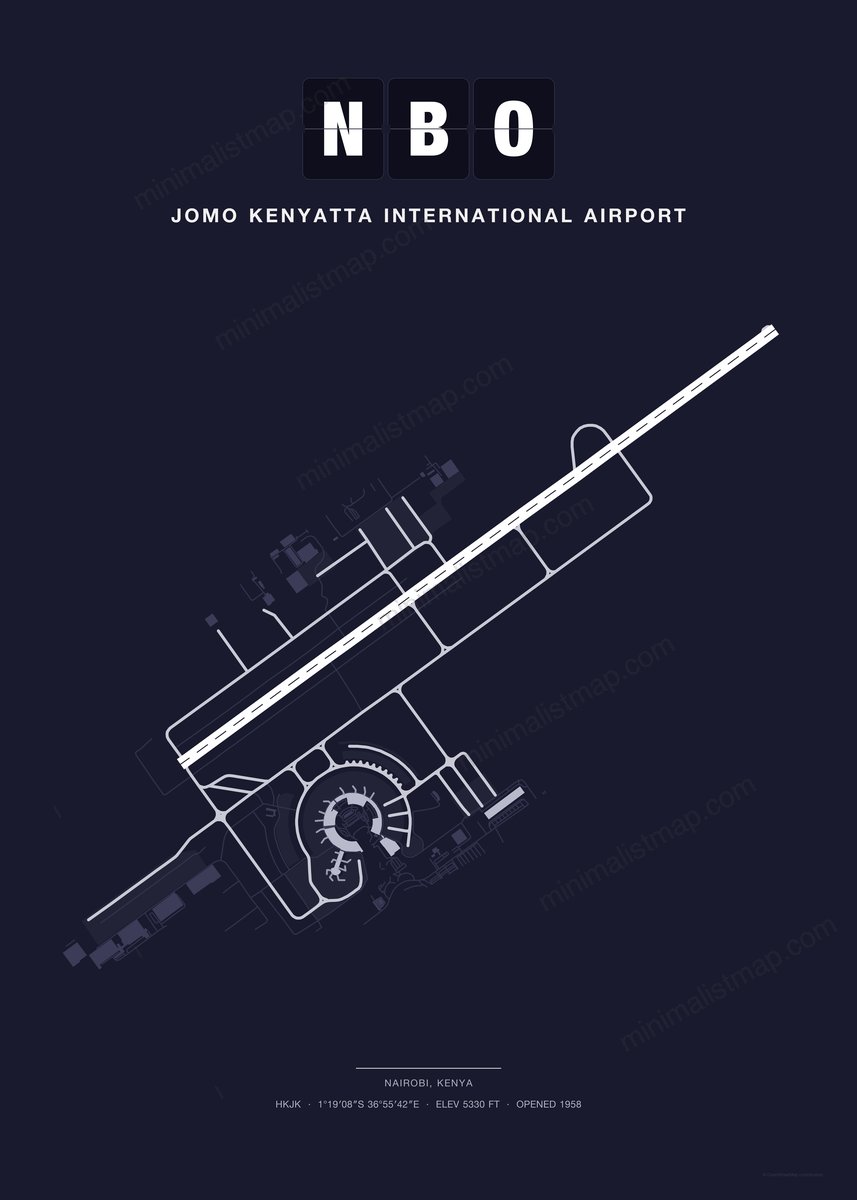 NBO Jomo Kenyatta International Airport map poster, Dark style, minimalist navy airport map