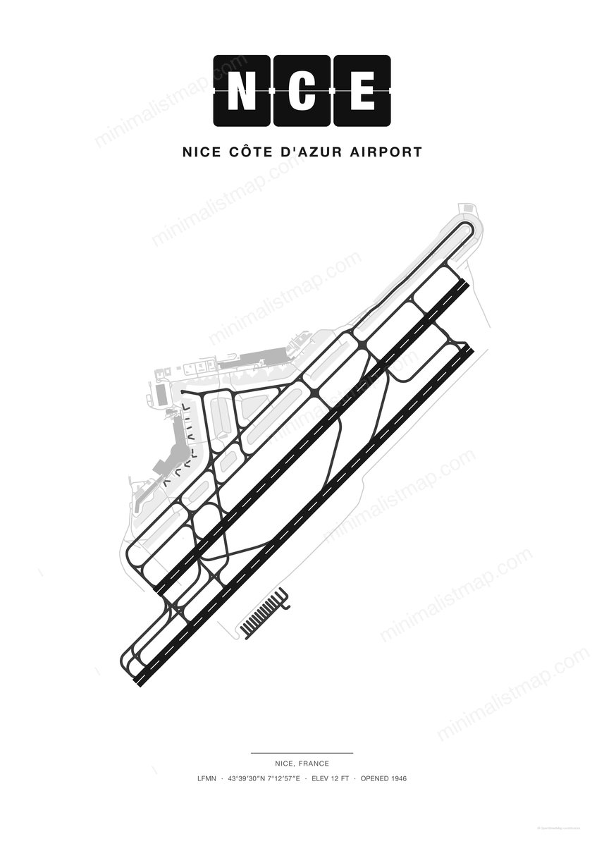 NCE Nice Côte d'Azur Airport map poster, Classic style, minimalist black and white airport map