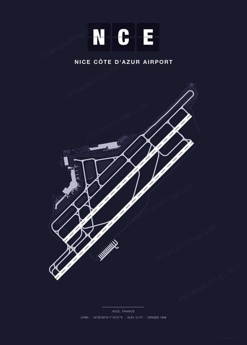 NCE Nice Côte d'Azur Airport map poster, Dark style, minimalist navy airport map