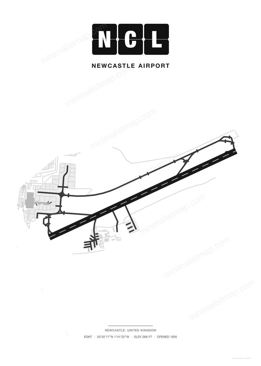 NCL Newcastle Airport map poster, Classic style, minimalist black and white airport map