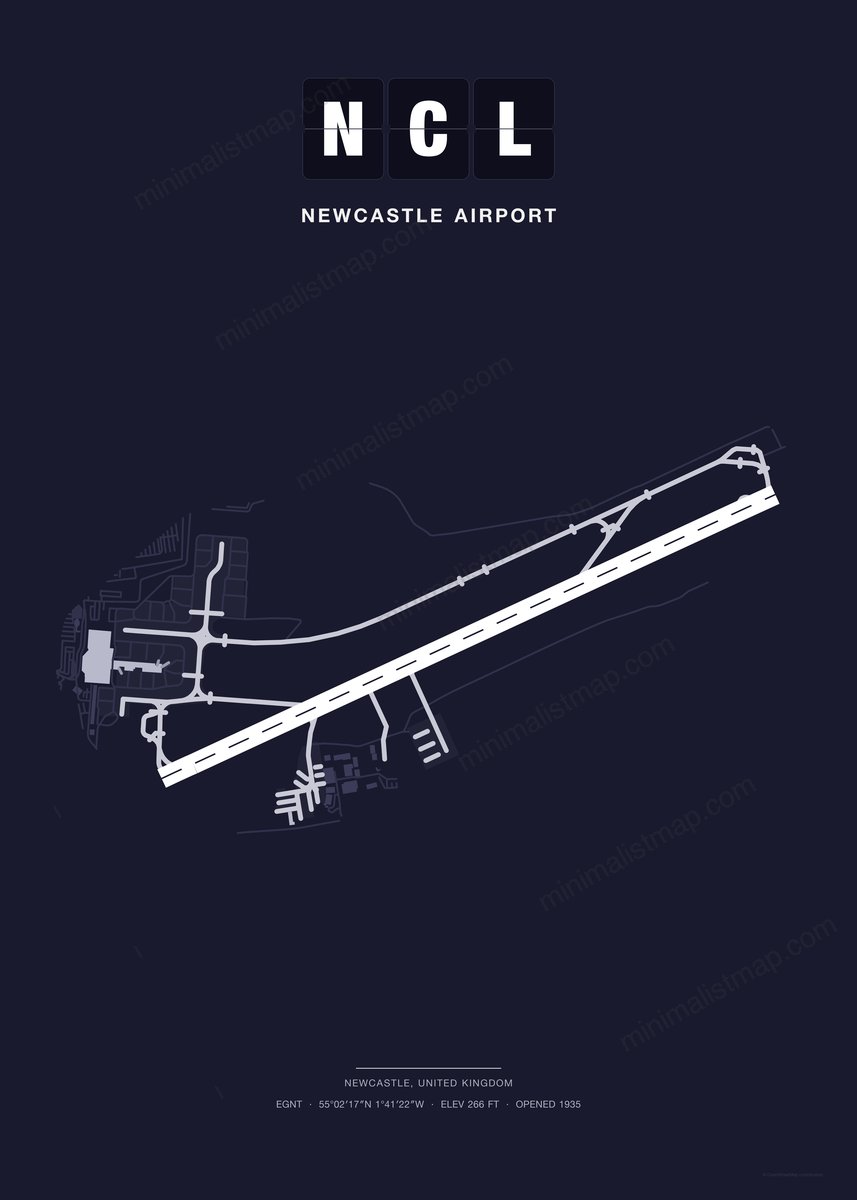 NCL Newcastle Airport map poster, Dark style, minimalist navy airport map