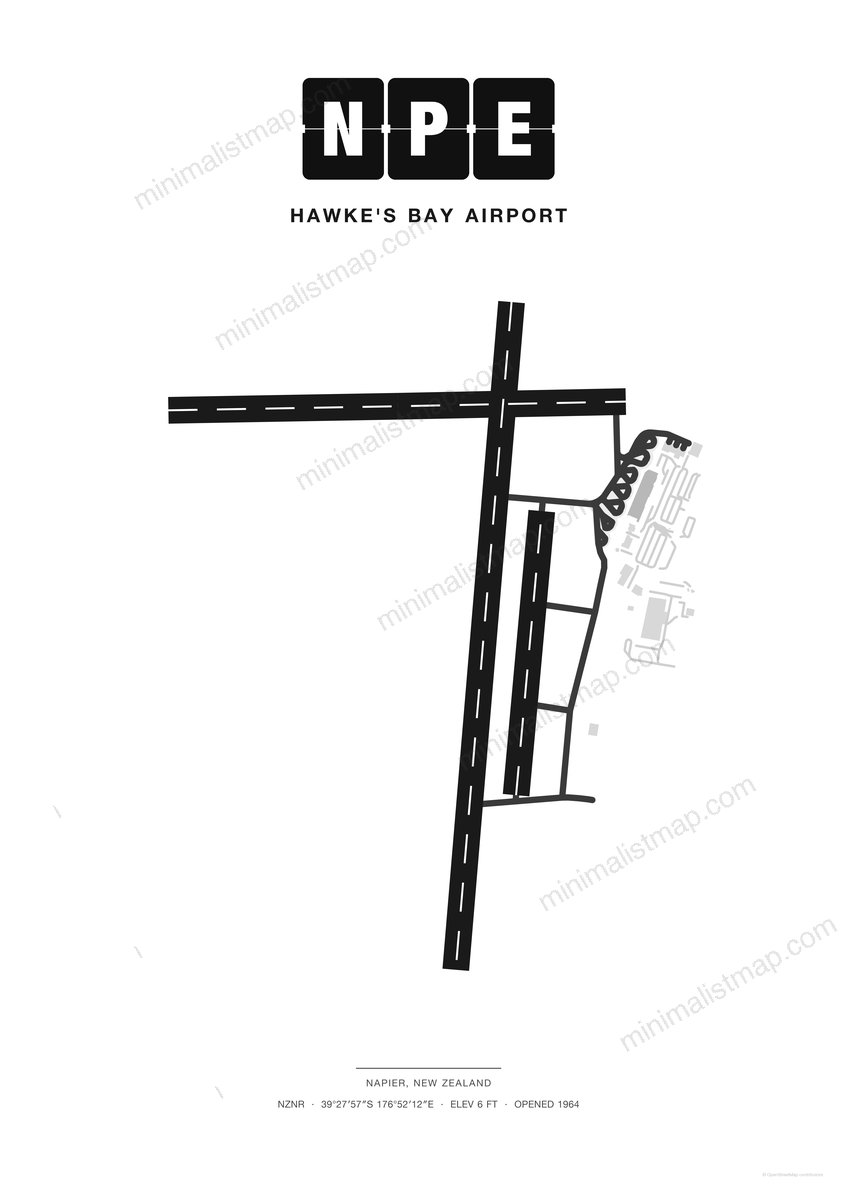 NPE Hawke's Bay Airport map poster, Classic style, minimalist black and white airport map