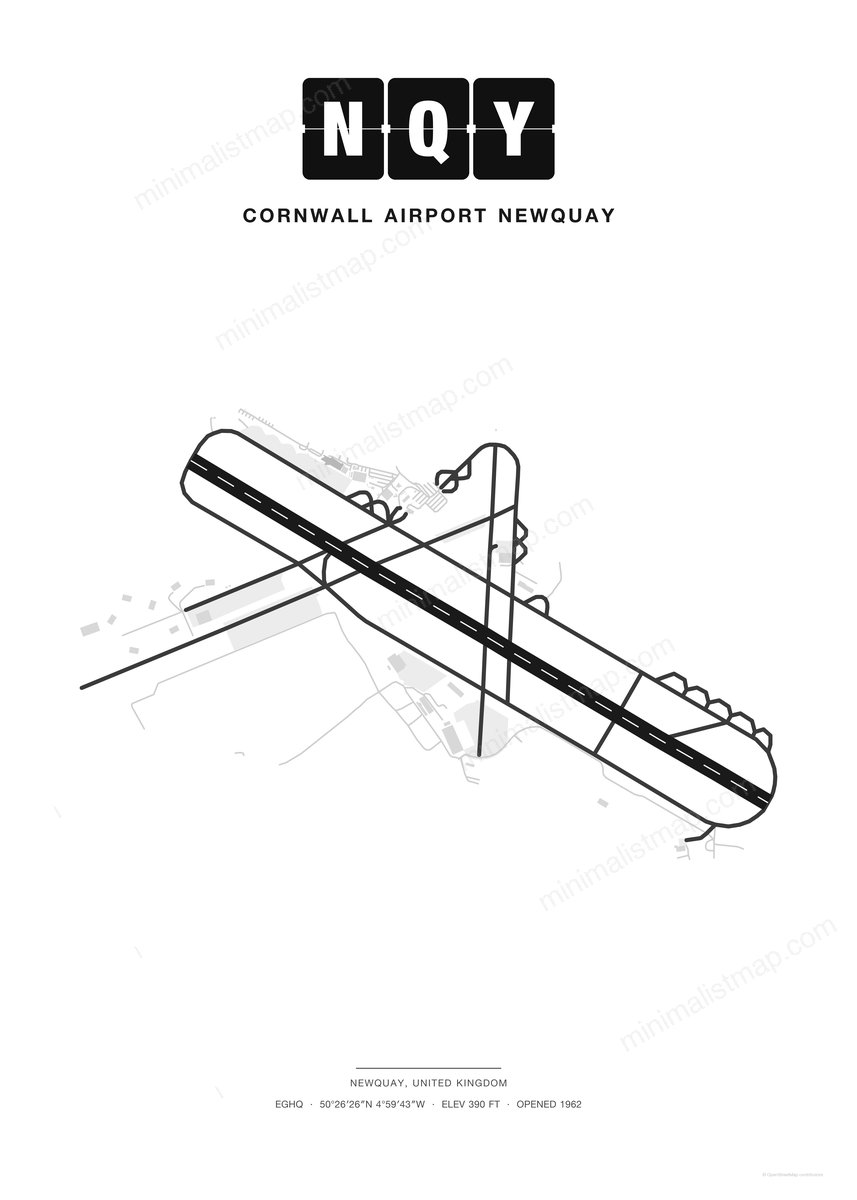 NQY Cornwall Airport Newquay map poster, Classic style, minimalist black and white airport map