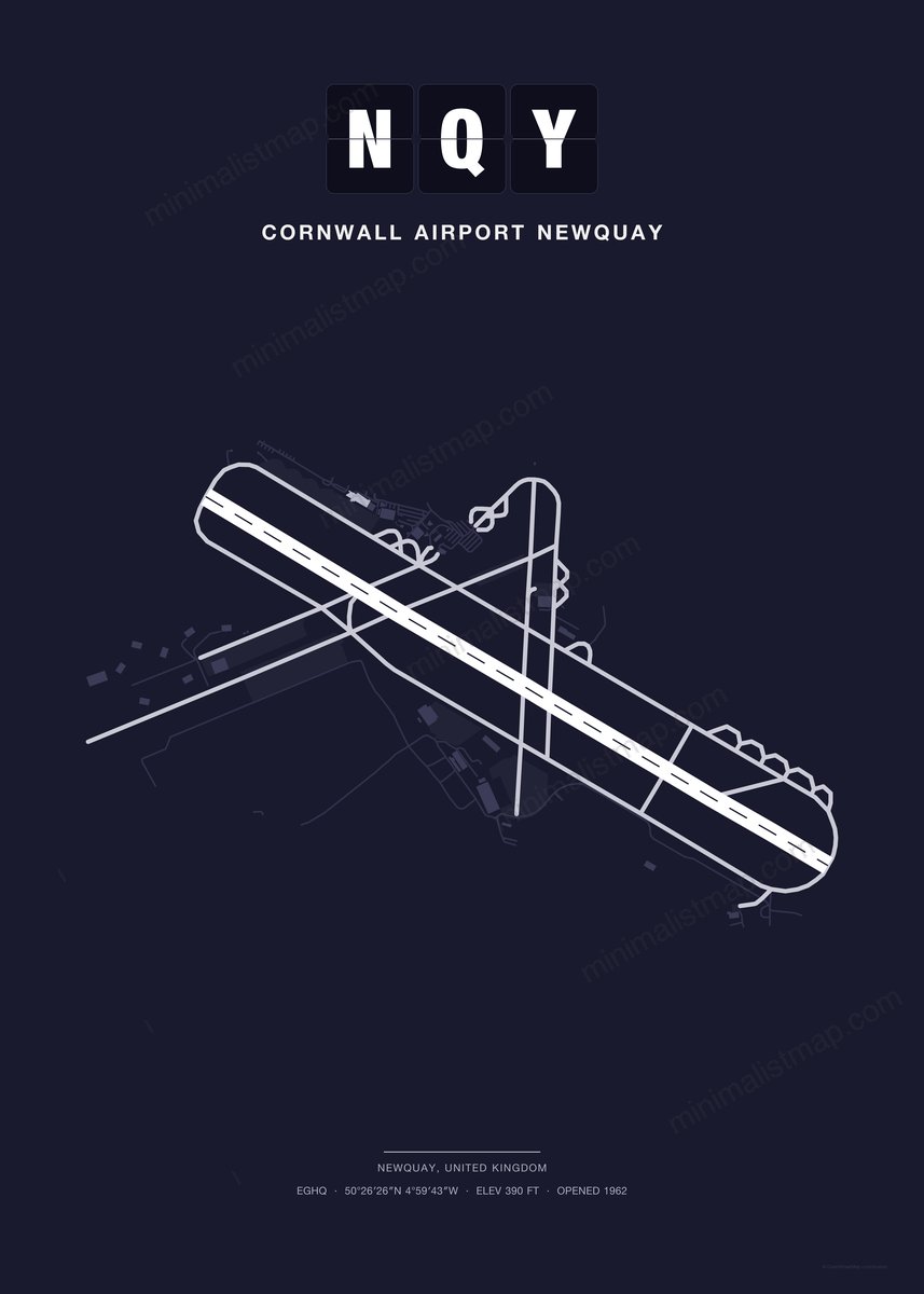 NQY Cornwall Airport Newquay map poster, Dark style, minimalist navy airport map