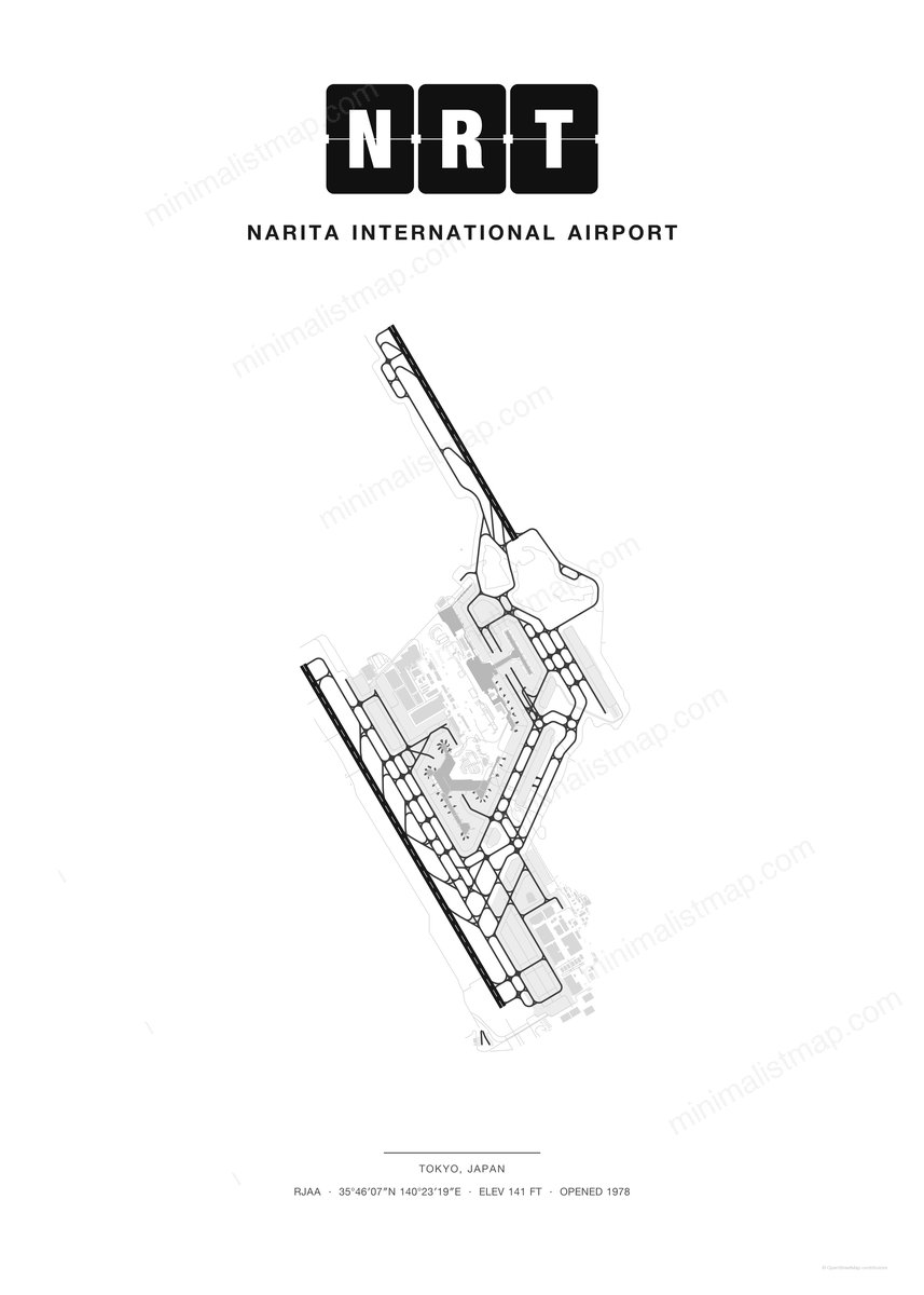 NRT Narita International Airport map poster, Classic style, minimalist black and white airport map