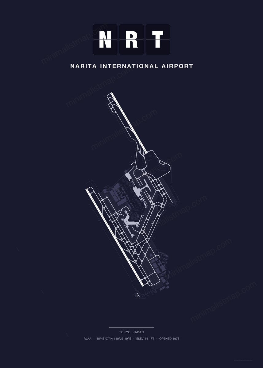 NRT Narita International Airport map poster, Dark style, minimalist navy airport map