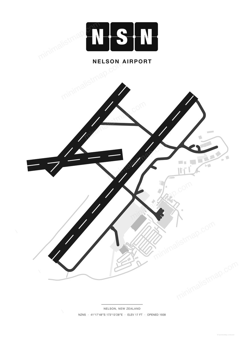 NSN Nelson Airport map poster, Classic style, minimalist black and white airport map