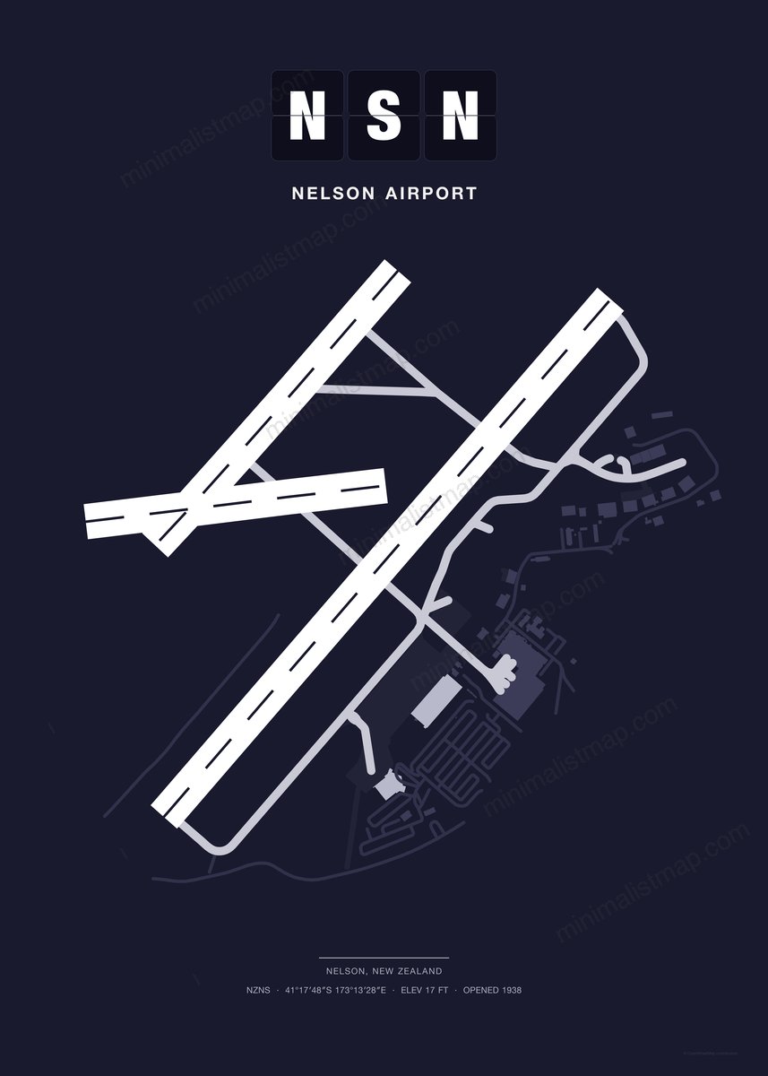 NSN Nelson Airport map poster, Dark style, minimalist navy airport map