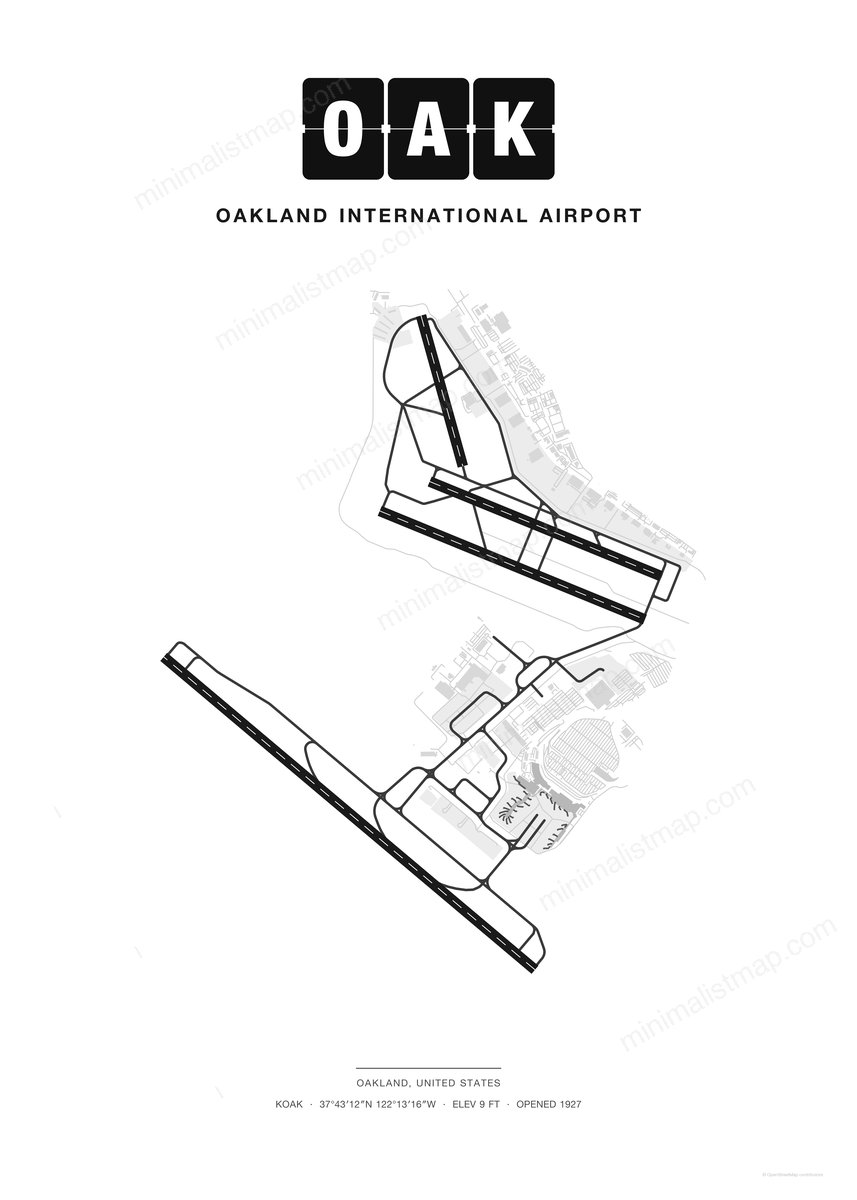 OAK Oakland International Airport map poster, Classic style, minimalist black and white airport map