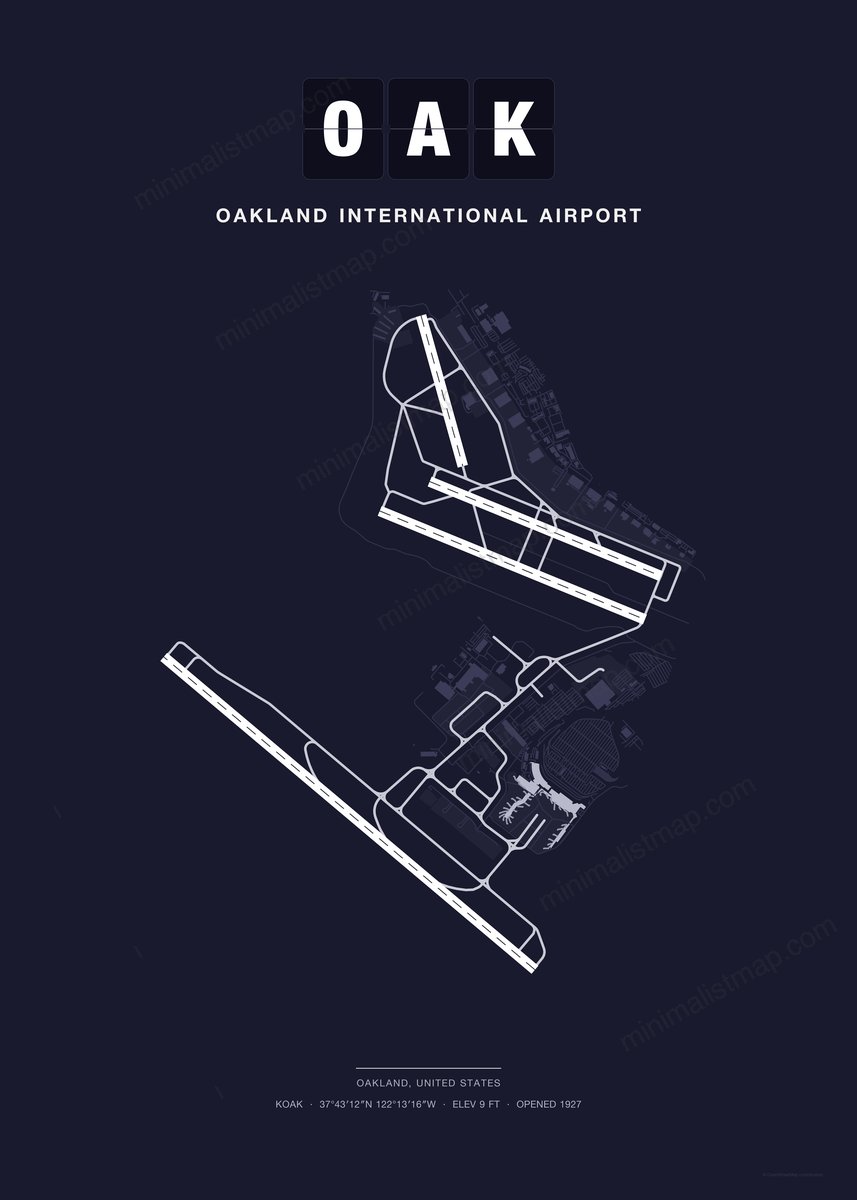 OAK Oakland International Airport map poster, Dark style, minimalist navy airport map