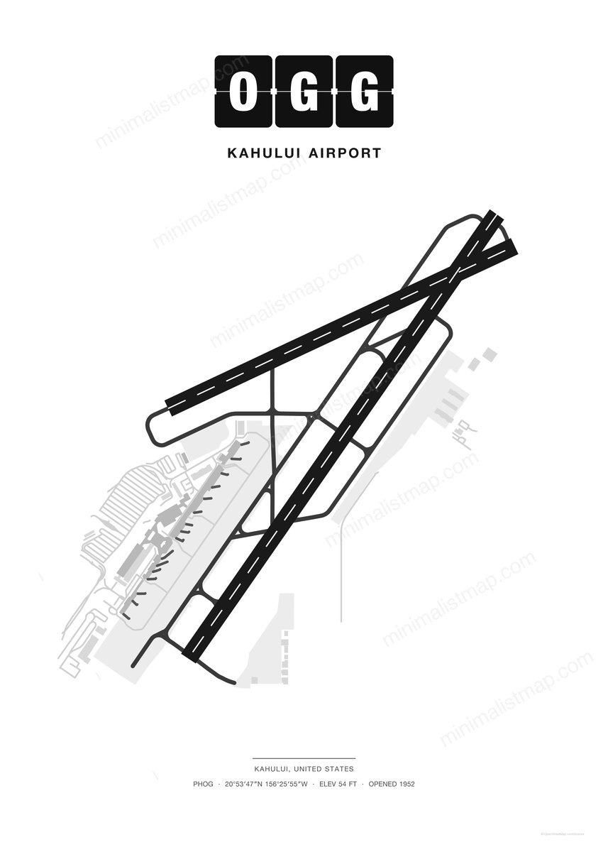 OGG Kahului Airport map poster, Classic style, minimalist black and white airport map