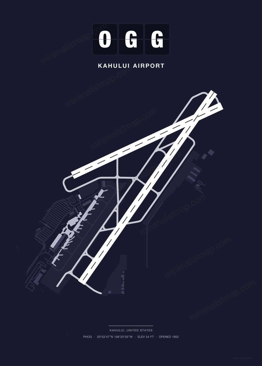 OGG Kahului Airport map poster, Dark style, minimalist navy airport map