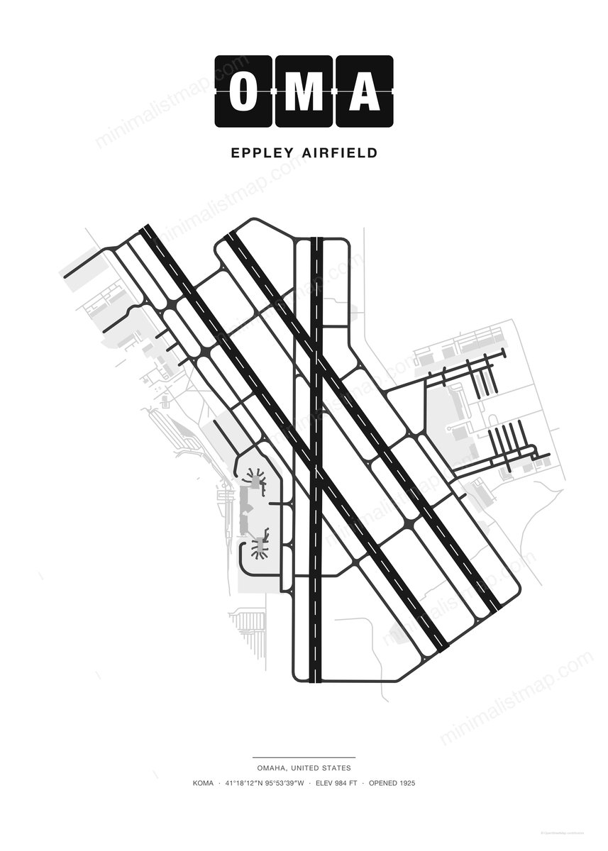 OMA Eppley Airfield map poster, Classic style, minimalist black and white airport map