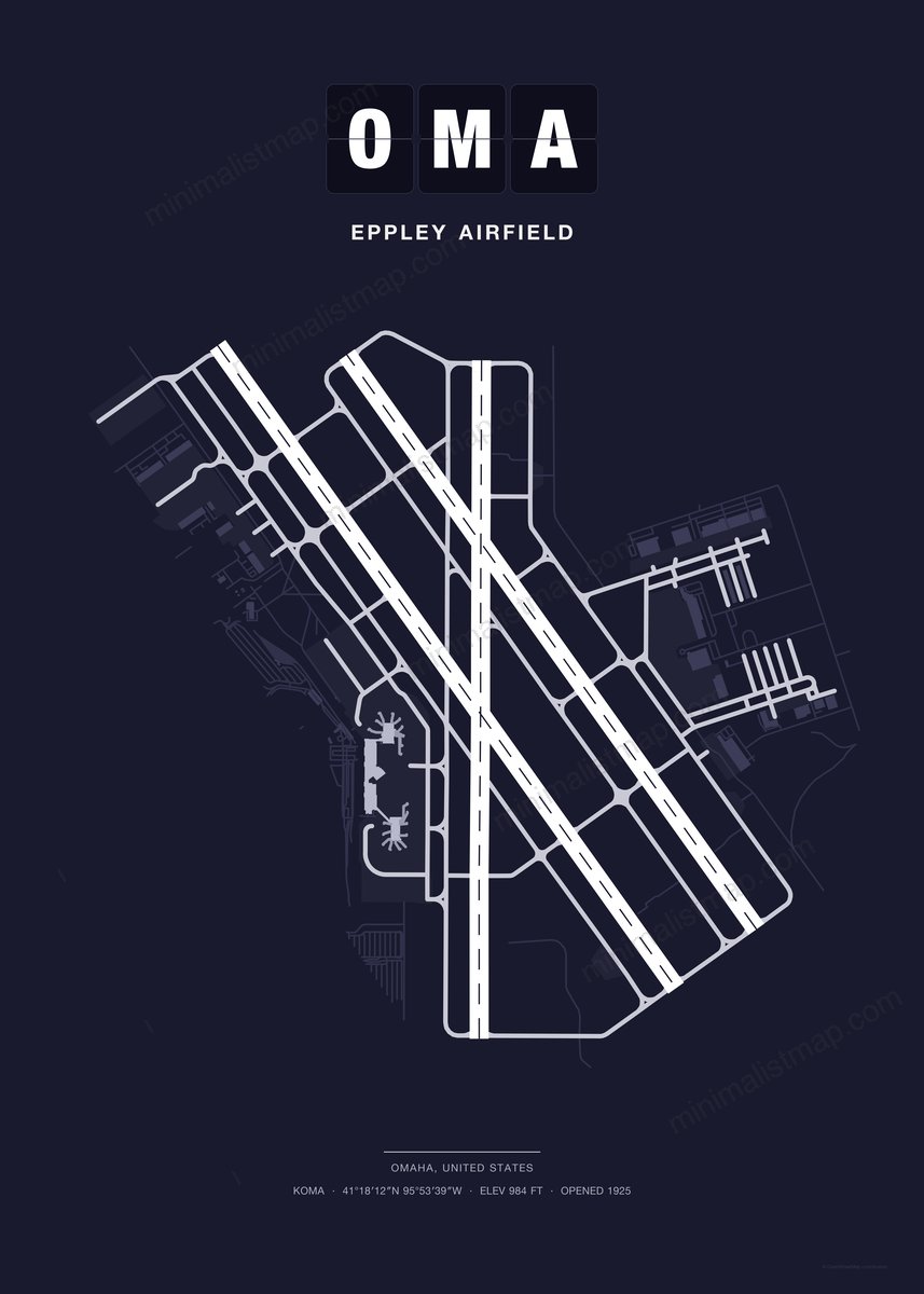 OMA Eppley Airfield map poster, Dark style, minimalist navy airport map