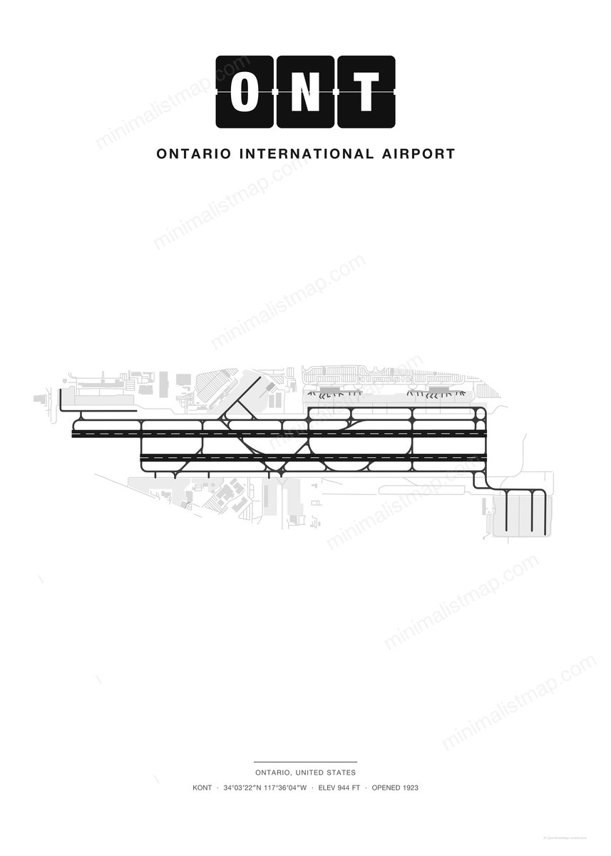 ONT Ontario International Airport map poster, Classic style, minimalist black and white airport map