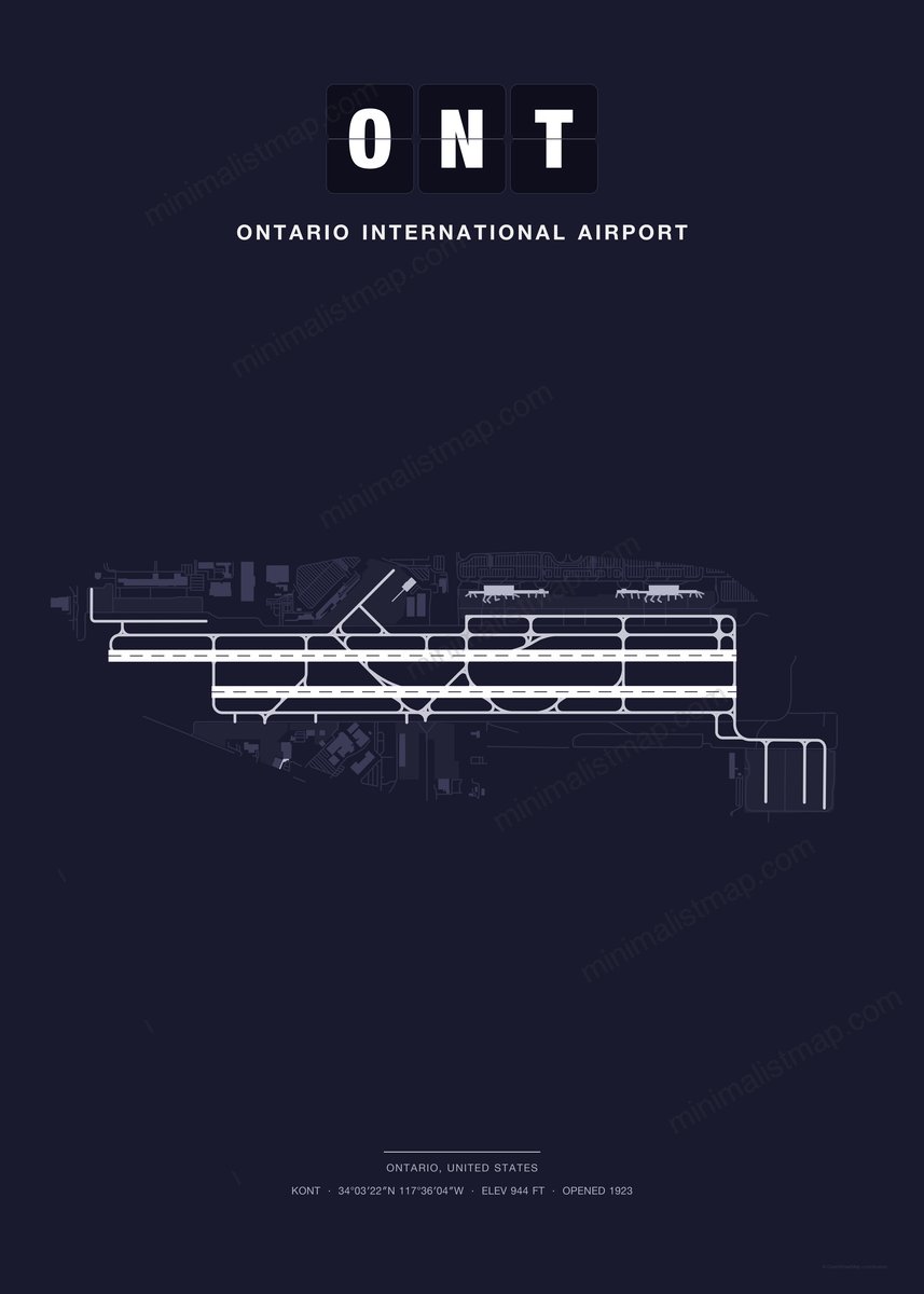 ONT Ontario International Airport map poster, Dark style, minimalist navy airport map
