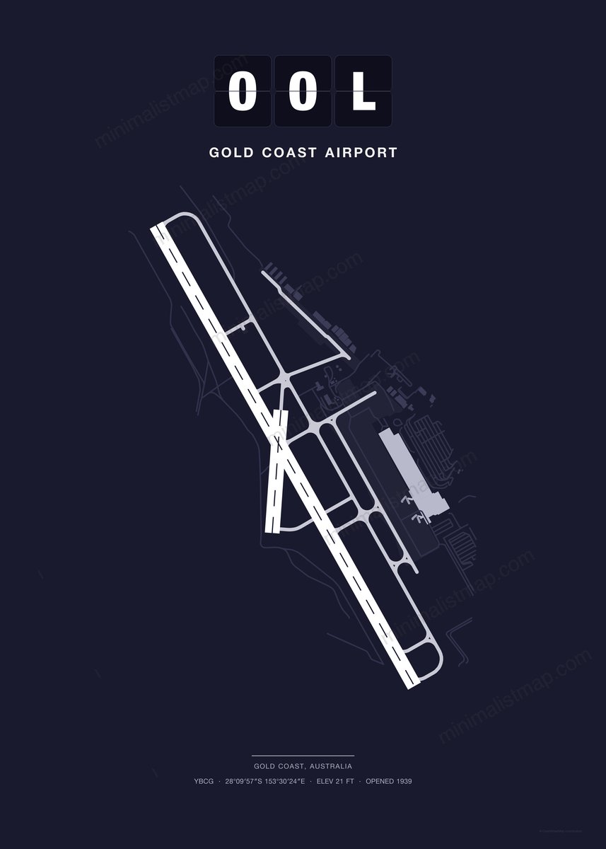 OOL Gold Coast Airport map poster, Dark style, minimalist navy airport map