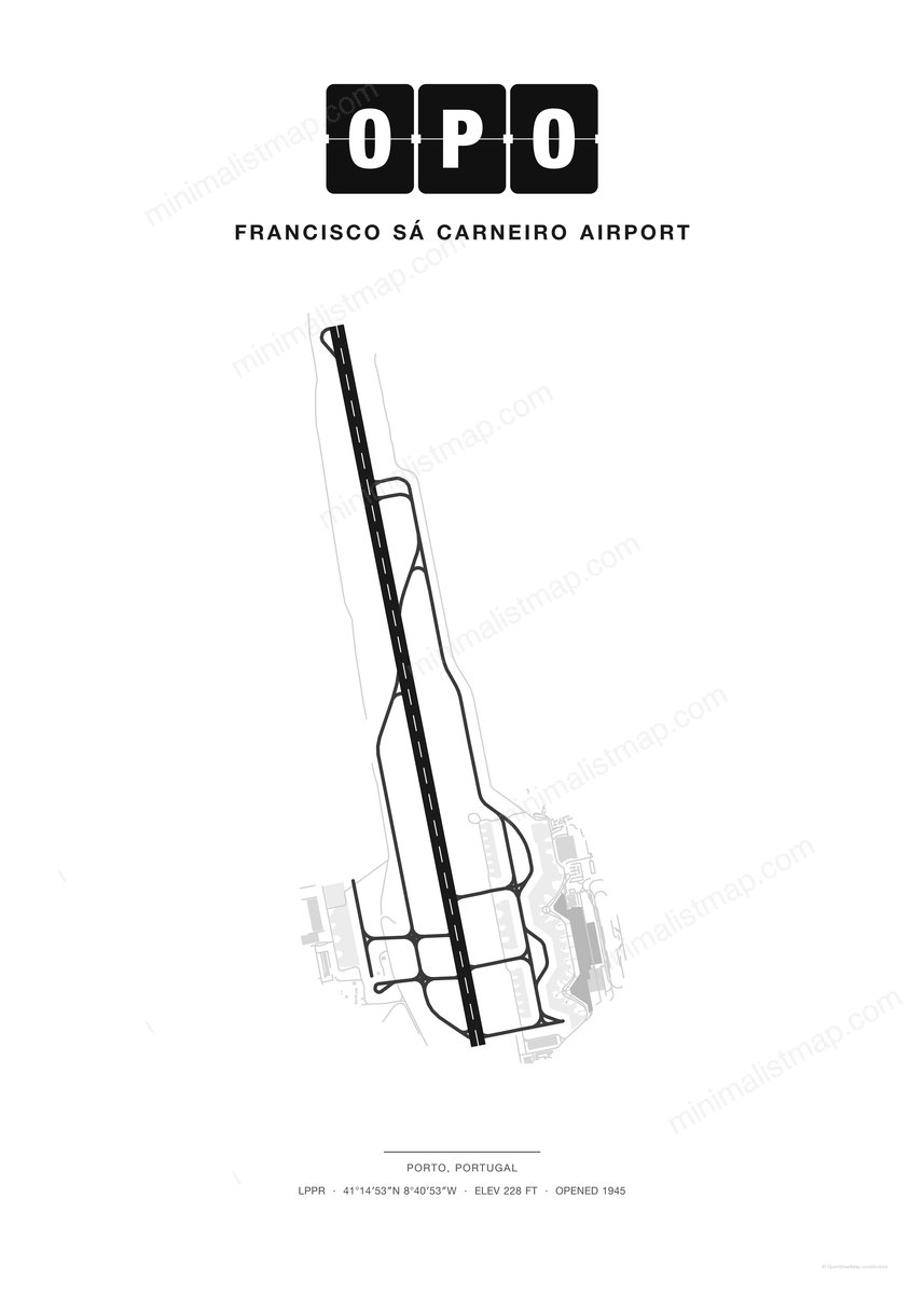 OPO Francisco Sá Carneiro Airport map poster, Classic style, minimalist black and white airport map