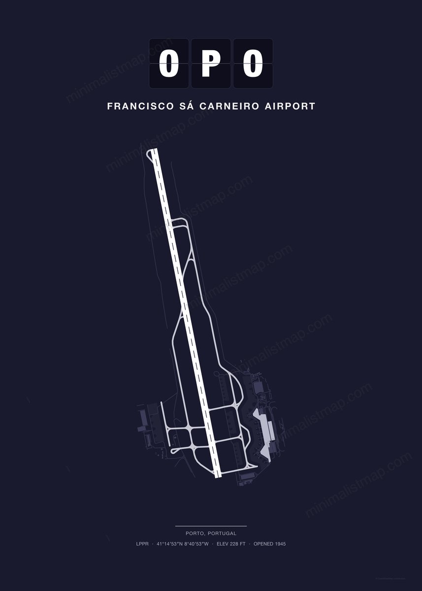 OPO Francisco Sá Carneiro Airport map poster, Dark style, minimalist navy airport map