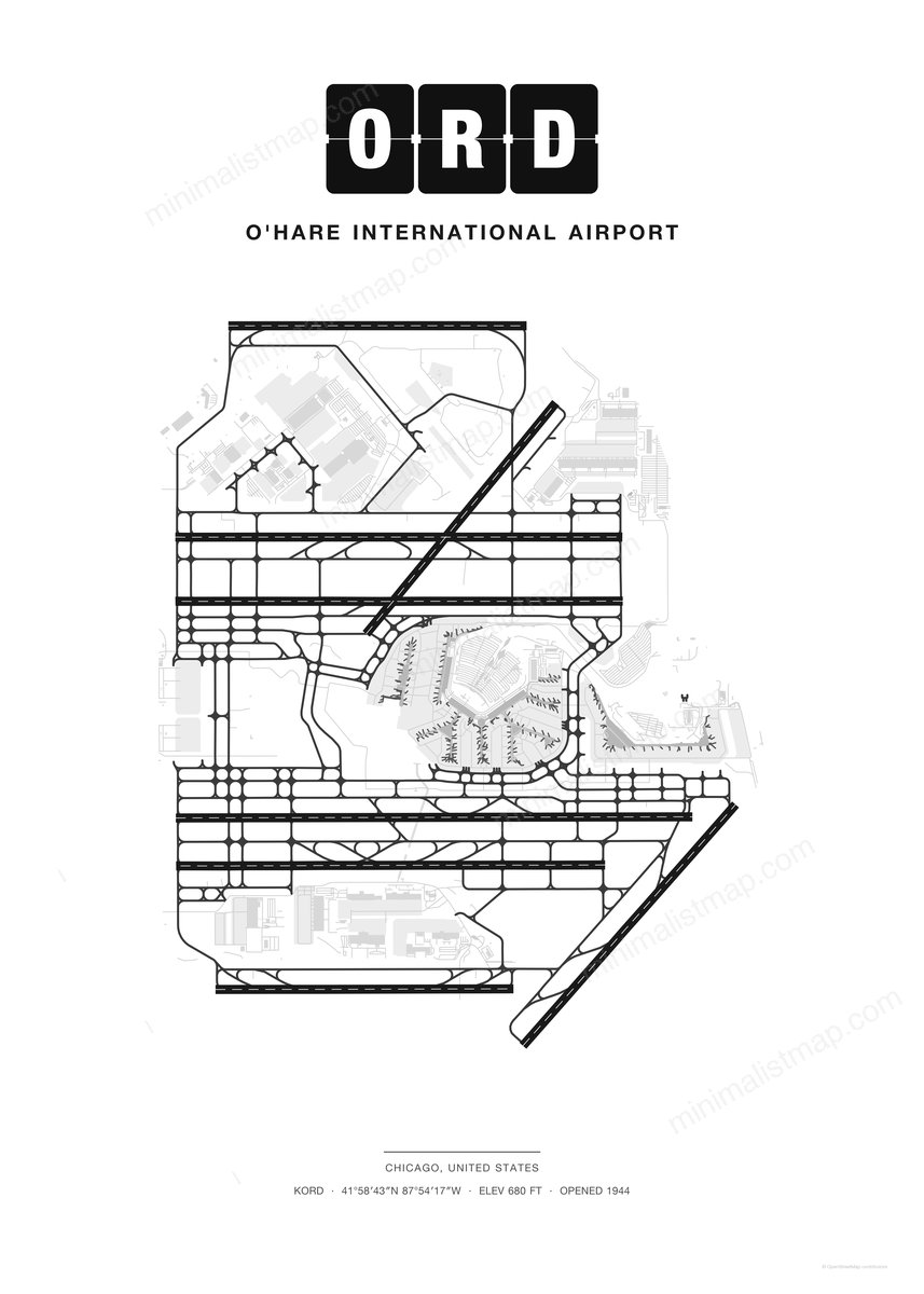 ORD O'Hare International Airport map poster, Classic style, minimalist black and white airport map