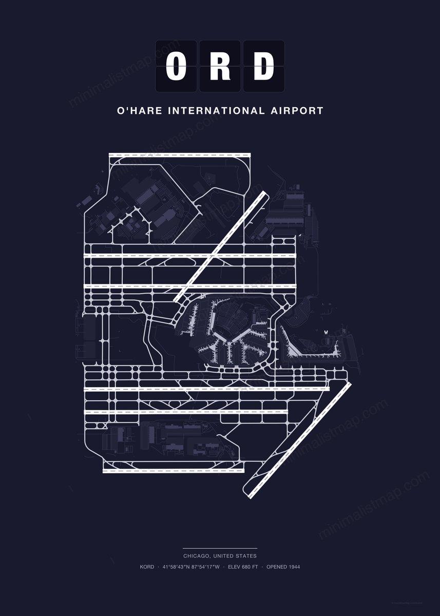 ORD O'Hare International Airport map poster, Dark style, minimalist navy airport map
